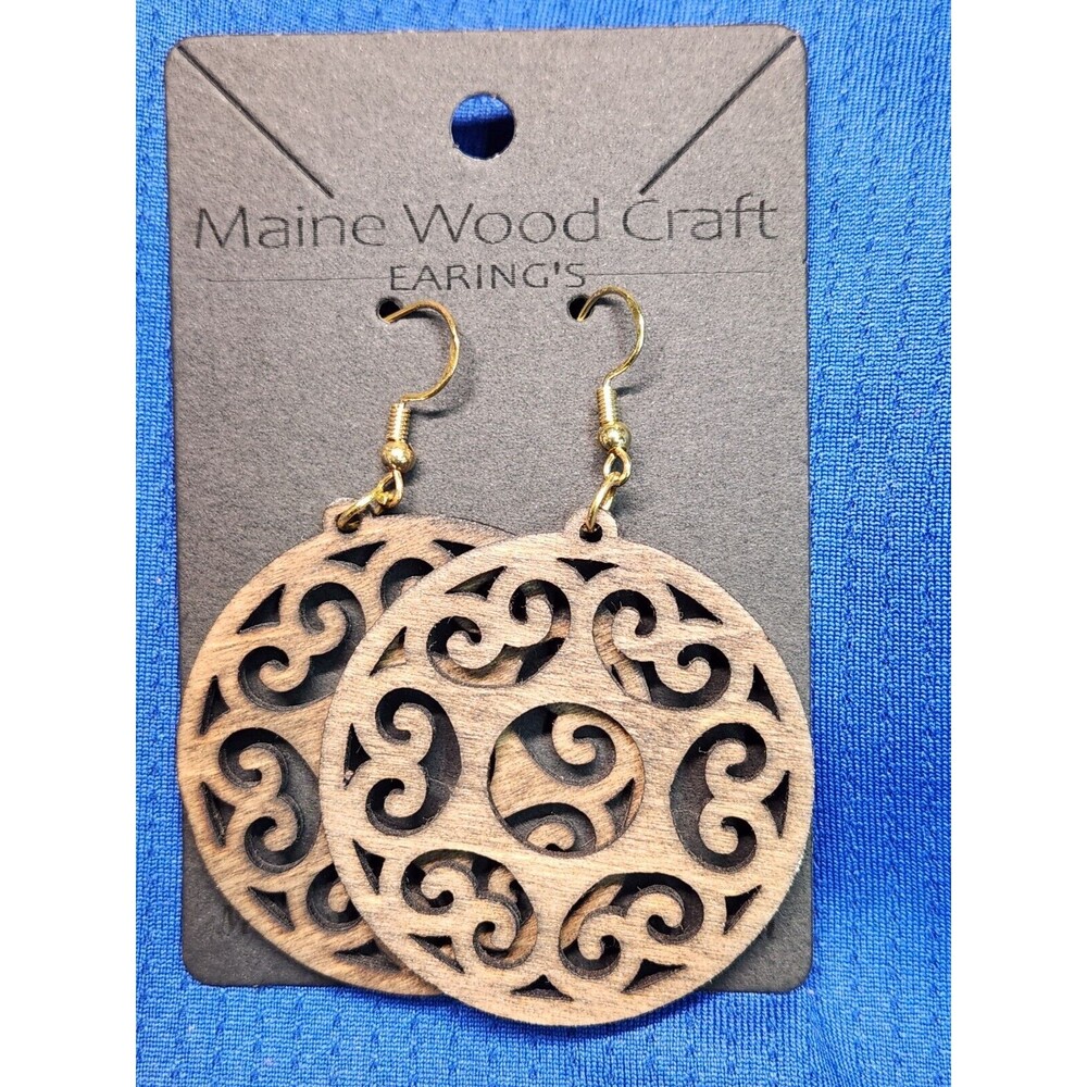 1 Pair Round Shaped Laser Cut Wooden Dangle Earrings Boho Style.